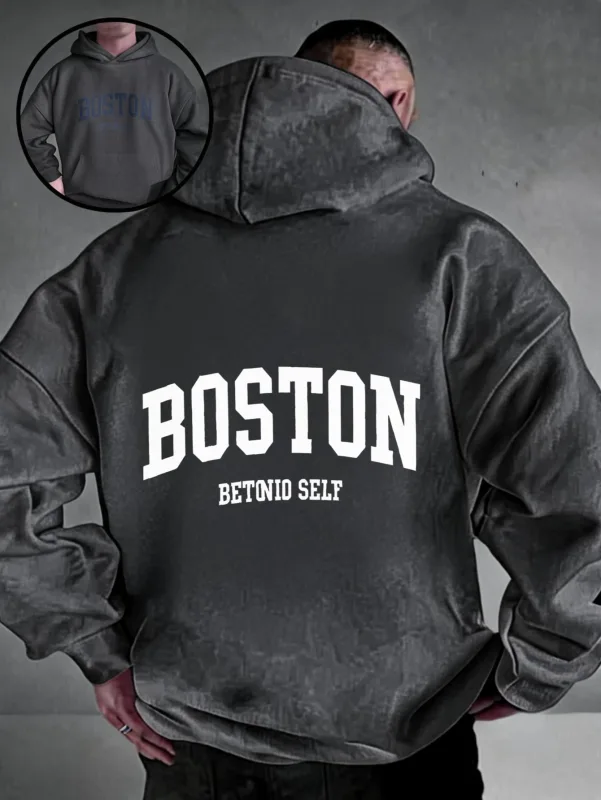 Oversized colorful hoodie, streetwear-style pullover, Boston Betonio back-print design, unisex casual wear, plus size.