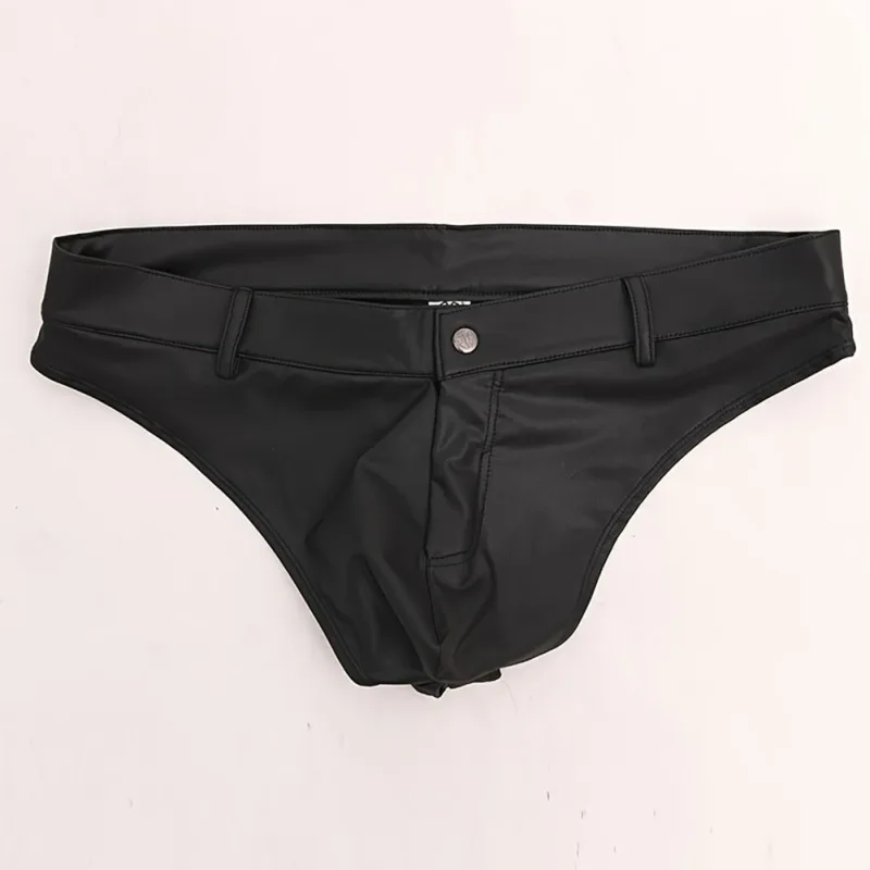 Men Faux Leather Shorts Thongs Button T Crotch Low Rise Very Hot Lingerie Sissy G-String T-Back Brief Underwear Men's Clothing