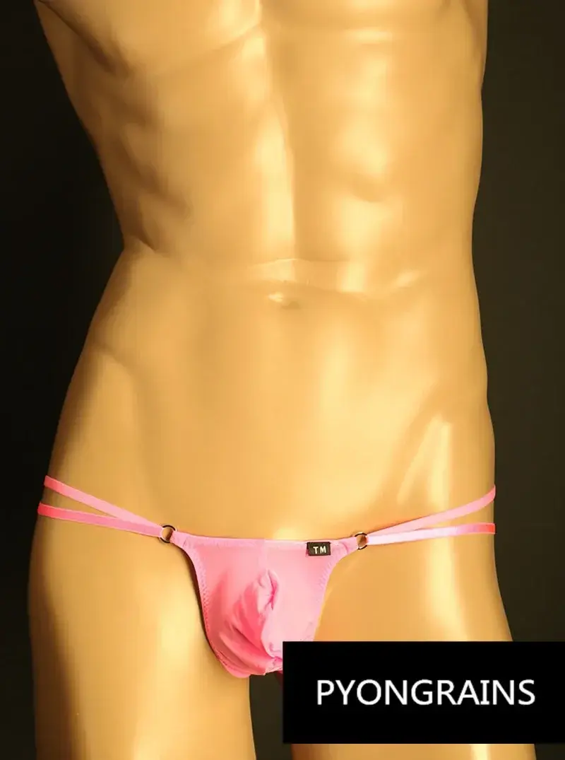 Homens ajustável metal o-ring dupla alça fina bikini briefs cintura baixa sedosa gelo seda 3d u bolsa convexa sexy roupa interior masculina