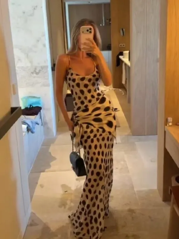 Retro Pöttyös Sling Maxi Ruha Női Szexi U-nyakú ujjatlan, derékba szorított Bodycon ruhák 2026 Nyári buli vakációs köntösök