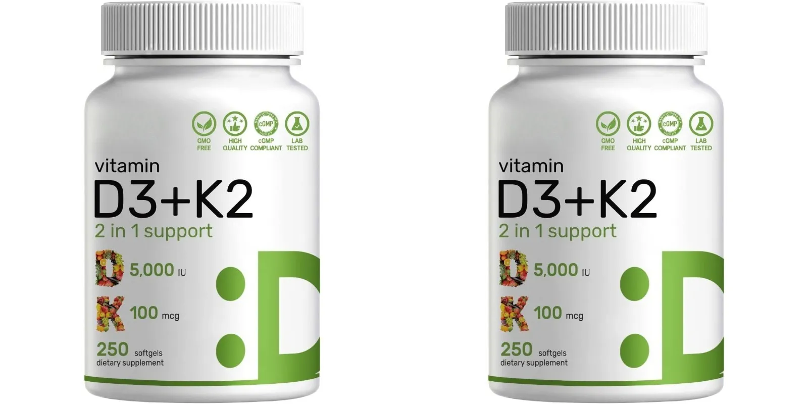 Vitamin D3 + K2 MK7 Softgels 250 Count 2-in-1 Complex Non-GMO Soy-Free Gluten-Free Bone Health Support Immune System Booster