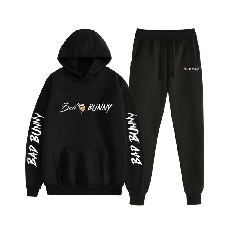 Harajuku confortável bad bunny impressão moletom moletom terno feminino hoodies + calças terno meninos/meninas 2 peça conjunto roupas — image 39