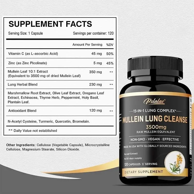 Mullein Lung Cleansing - Smoker's Respiratory Supplement Vegetarian Capsules - Lung Clearing Lung Health Immunity Supplement — image 3