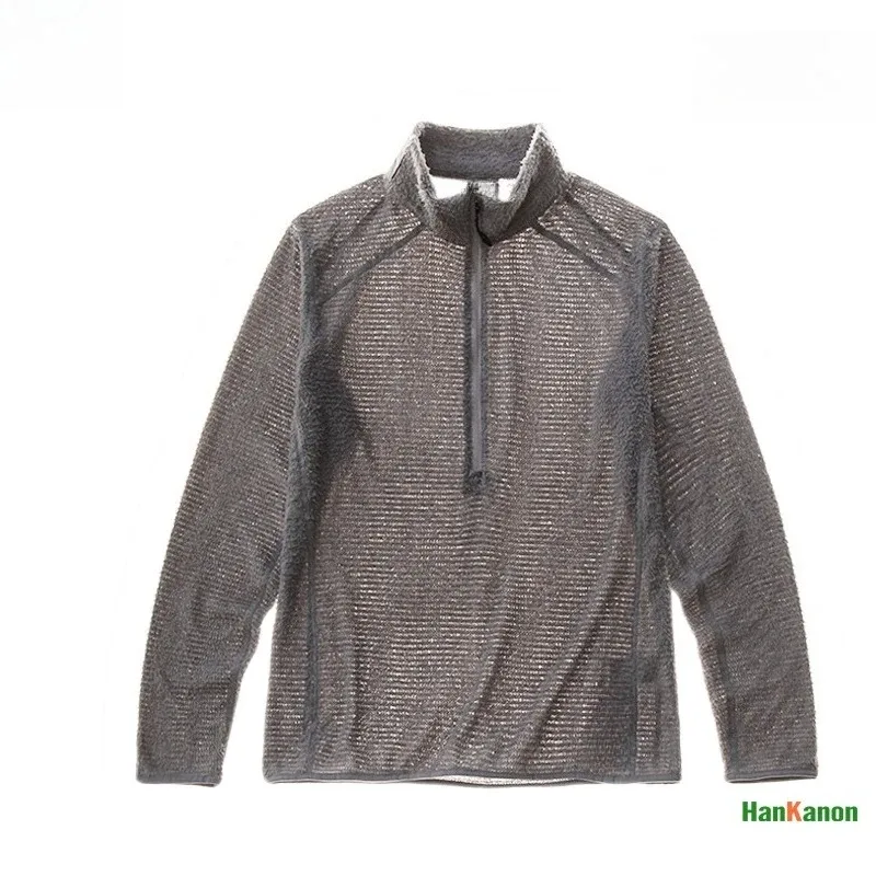 Moletom masculino com gola alta e meio zíper, camada base versátil de lã de ar para acampamento ao ar livre, caminhadas, ciclismo