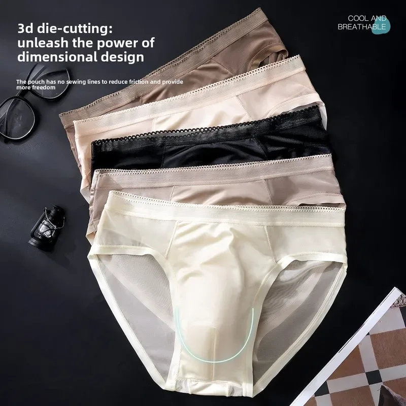 Male Glossy Silk Satin Briefs High Rise Lace Trim Ice Silk Underwear Soft Breathable U Pouch Men Panties — image 15