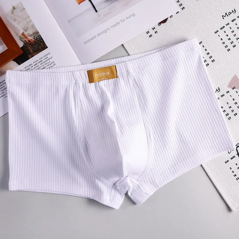 Cueca boxer masculina respirável de algodão macio, cueca boxer sólida cintura média em u convexa, shorts de seta masculina