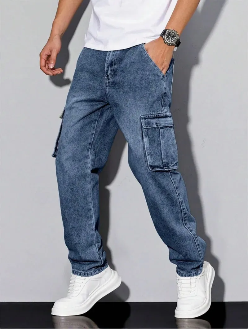 Men's Blue Cargo Jeans Spring New Multi-Pocket Loose Fit Denim Pants Streetwear Hip Hop Casual Versatile Daily Fashion Trousers