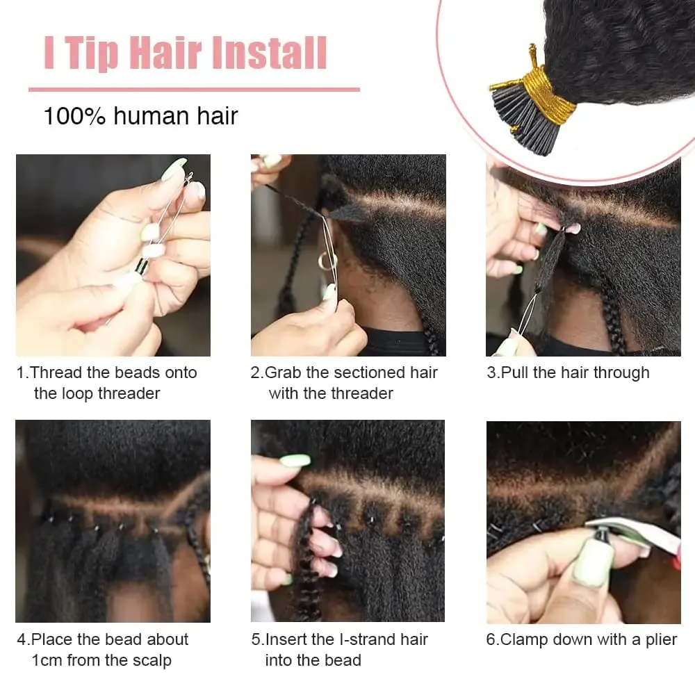 I Tip Extensions Μαλλιών Kinky Straight Human Hair #1B Pre Bonded Remy Micro Links Human Hair Extensions Natural Black 1g/Strand — image 6
