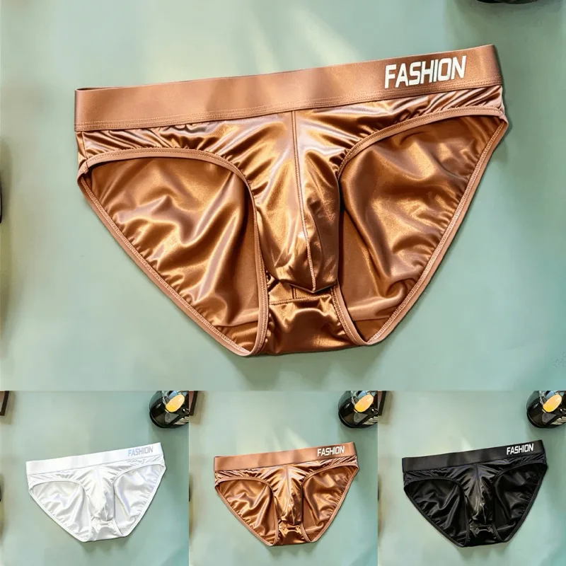 Men Glossy Satin-like Smooth Brief Ice-Silk Hip Wrap LargePouch Satin Silky Briefs Low Waist Gradient Letter Glossy Underwear — image 3