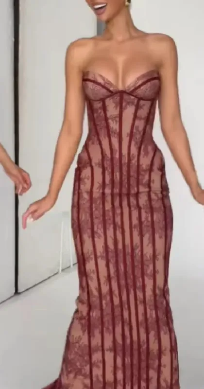 Elegáns, elegáns gézből készült halcsontparti ruha váll nélküli, pánt nélküli maxi ruha női csipkeformázó derék Vestidos 2026 estélyi ruhák