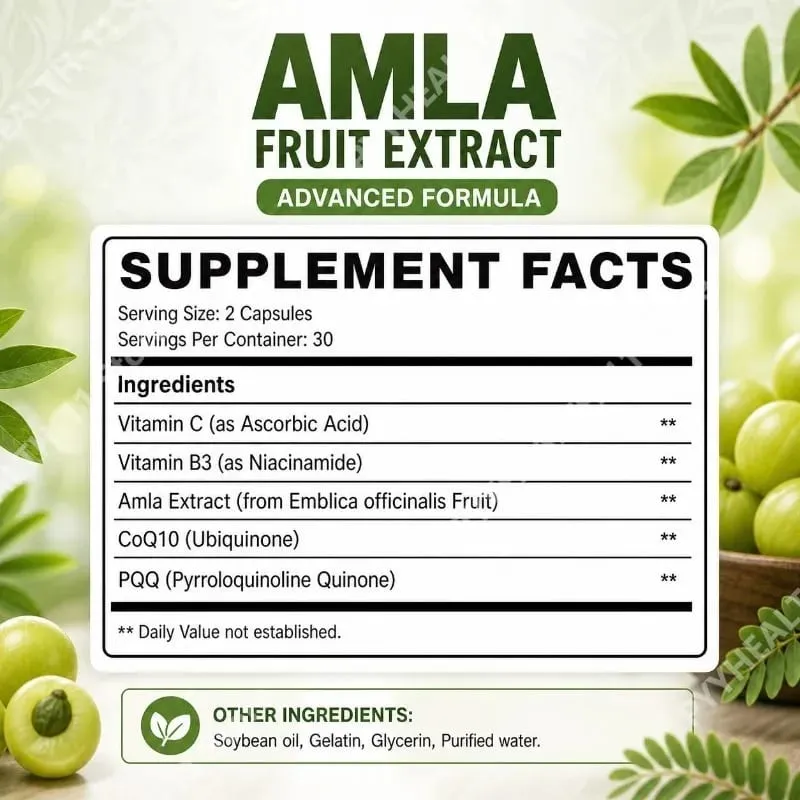 Docteat Amla gyümölcskivonat kapszula az immunrendszer támogatásáért és a bőr egészségéért C-vitamin B3-vitaminnal CoQ10 és PQQ 60 kapszula — image 3