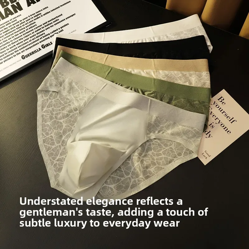 Sem costura jacquard homens triângulo roupa interior de seda gelo fina respirável calcinha de secagem rápida cuecas masculinas sexy u bulge bolsa
