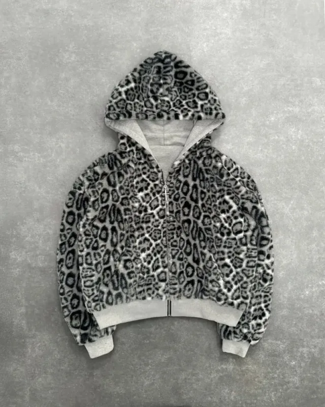 Hip-hop Nya dubbelsidiga kläder Harajuku Retro Leopardtryck Fashionabla Luvtröja med lös dragkedja Män Gata Fritidströja Kvinnor — image 3