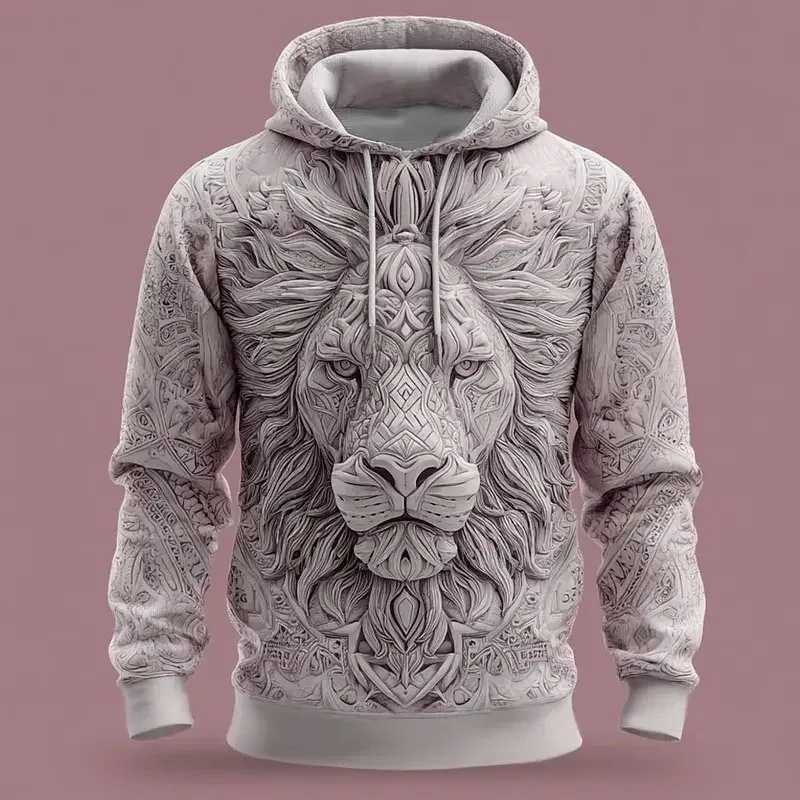 2026 Fall Winter Men's Vintage Animal Lion 3D Prints Hooded Hoodies Sweatshirt Long Sleeve Crew Neck Streetwear Drawstring Tops — image 6