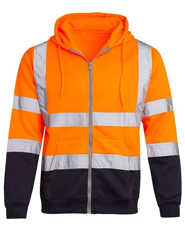 Reflective Work Safety Men Hoodies Drawstring Loose Zipper Jacket Autumn Thin Fleece Hooded Pullover Coat Casual Work Sweatshirt — image 15
