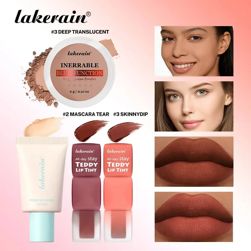 4 τμχ/σετ Pore No More Primer + Lip Tint + Loose Setting Powder Σετ μακιγιάζ Ματ μακράς διαρκείας αδιάβροχο εφέ Ταξιδιωτικό φορητό — image 8