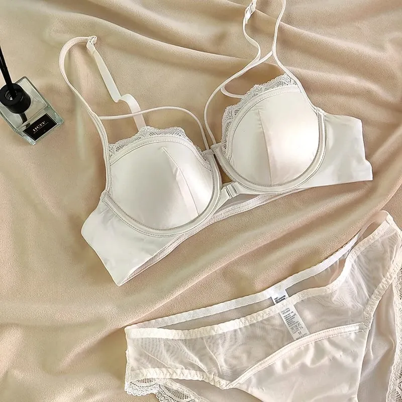 Francia elülső csat vékony csésze bralette szexi üreges női fehérnemű szett kiváló minőségű csipke Push Up melltartók légáteresztő komfort fehérnemű