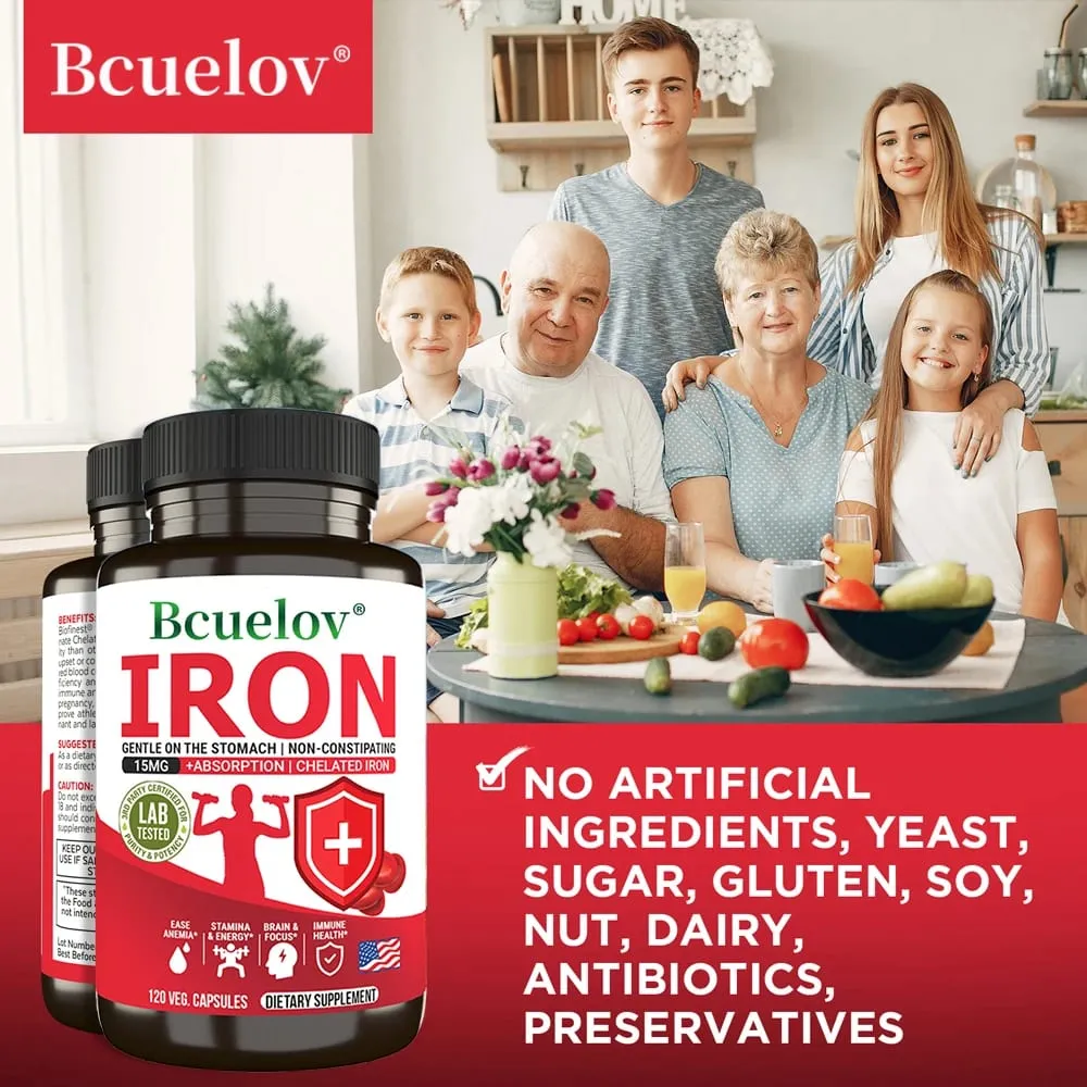 Bcuelov Iron Supplement 15 Mg Chelated Fast Absorption Gentle Non-Constipating - Anemia