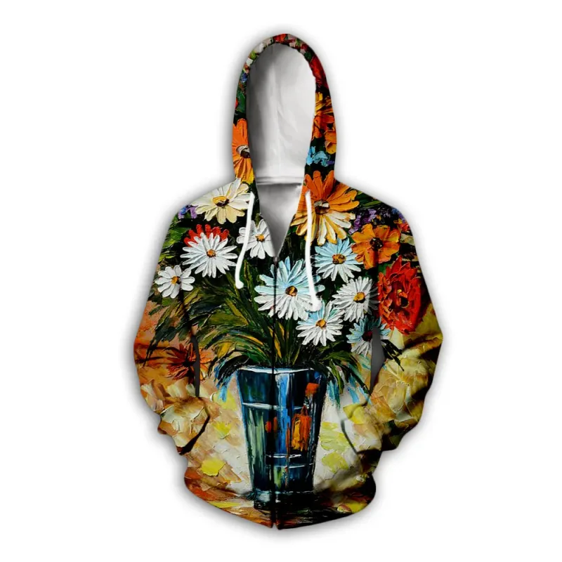 Flower Floral Pattern 3D Print Zipper Hoodies Men's Autumn Hooded Sweatshirts Oversized Streetwear Tracksuit Coat Man Clothing — image 3