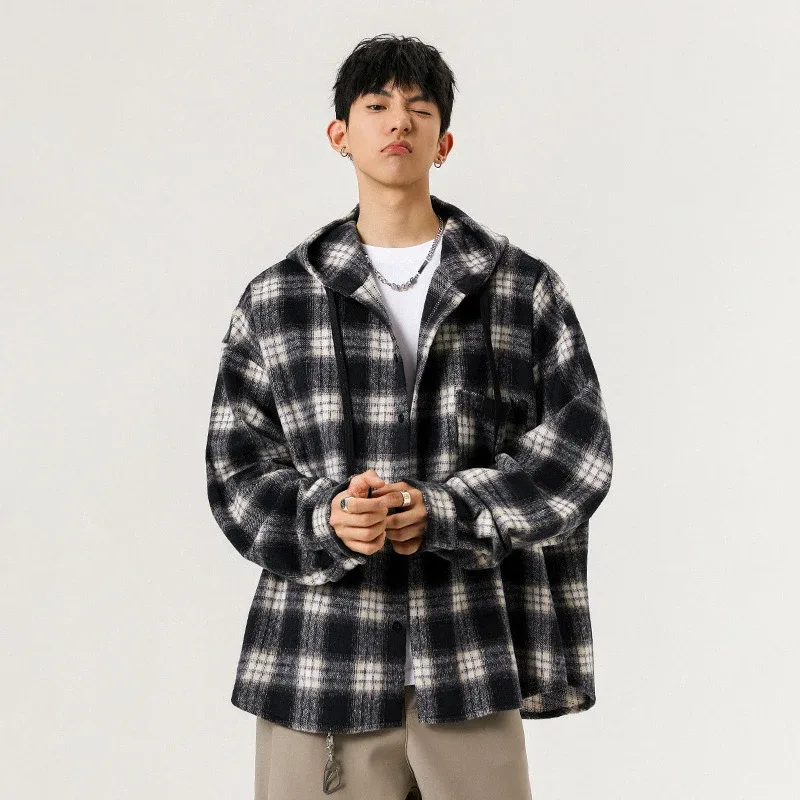 Y2K Loose Plaid Hooded Jacket Men Fashion High Street Large Sized Cardigan Outerwear Man Korean Vintage Single Breasted Hoodies — image 21