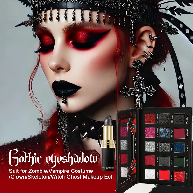 Gothic Eyeshadow Palette 15 Colors & Black Lipstick - Dark Romantic Smoky Eye Vampire Halloween Makeup Matte Shimmer Dark Lip — image 2
