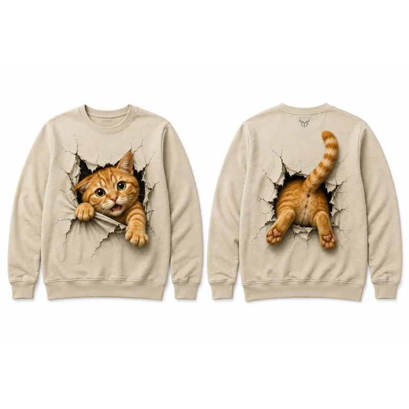 Funny 3D Visual Cat Print Sweatshirt Cute Animal Breaking Through Wall Graphic Pullover Tops Men Casual Long Sleeve Streetwear — image 2