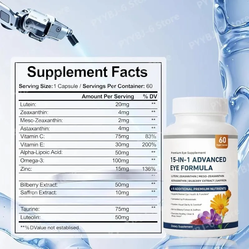 15-in-1 Advanced Eye Formula Lutein Zeaxanthin Bilberry Extract Vitamin C & E Supports Eye Health 60 Veggie Capsules for adult