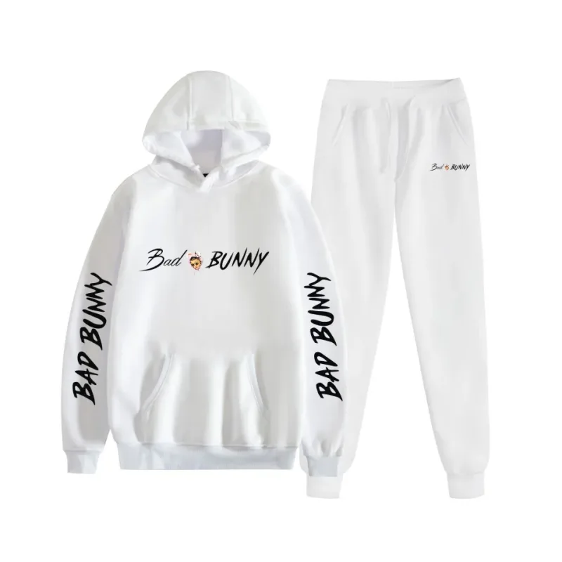 Harajuku confortável bad bunny impressão moletom moletom terno feminino hoodies + calças terno meninos/meninas 2 peça conjunto roupas — image 3