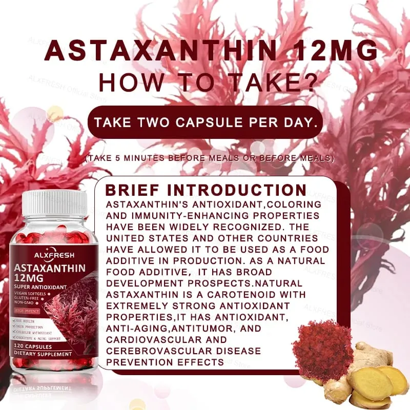 Astaxanthin Capsules For Relieve Eye Fatigue Support Skin Brain Heart Health Improve Concentration and Memory And Delay Aging