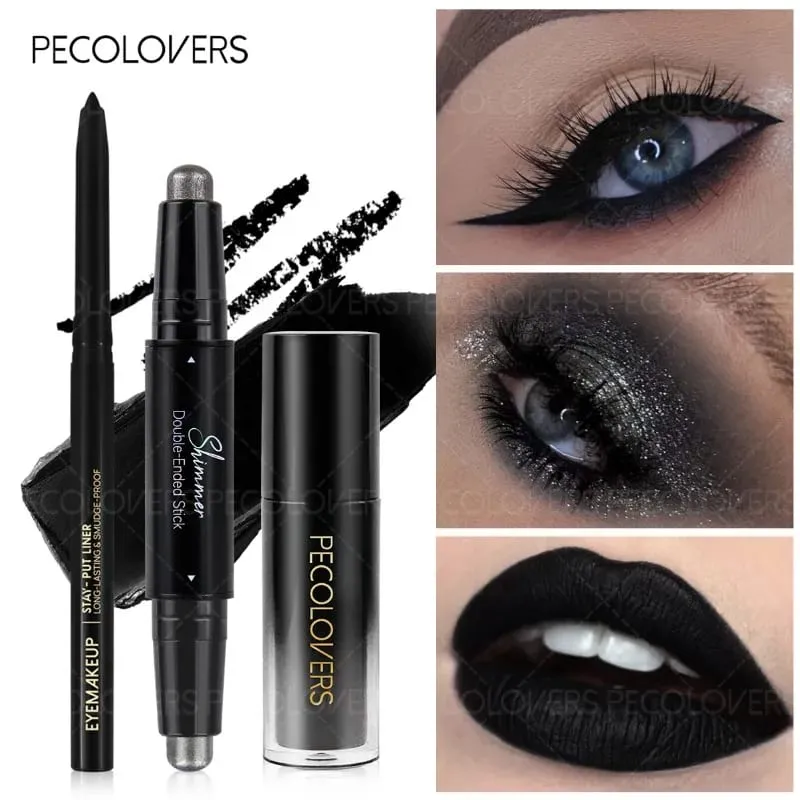 3PCS Black Face Suit Lipstick+eye Shadow+eyeliner Waterproof and Durable Suitable for Halloween Makeup