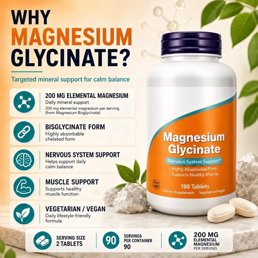 Magnézium-glicinát tabletta 200 mg nagy felszívódású vegán, nem GMO formula az idegrendszer izomrelaxációjához 180 Count — image 4