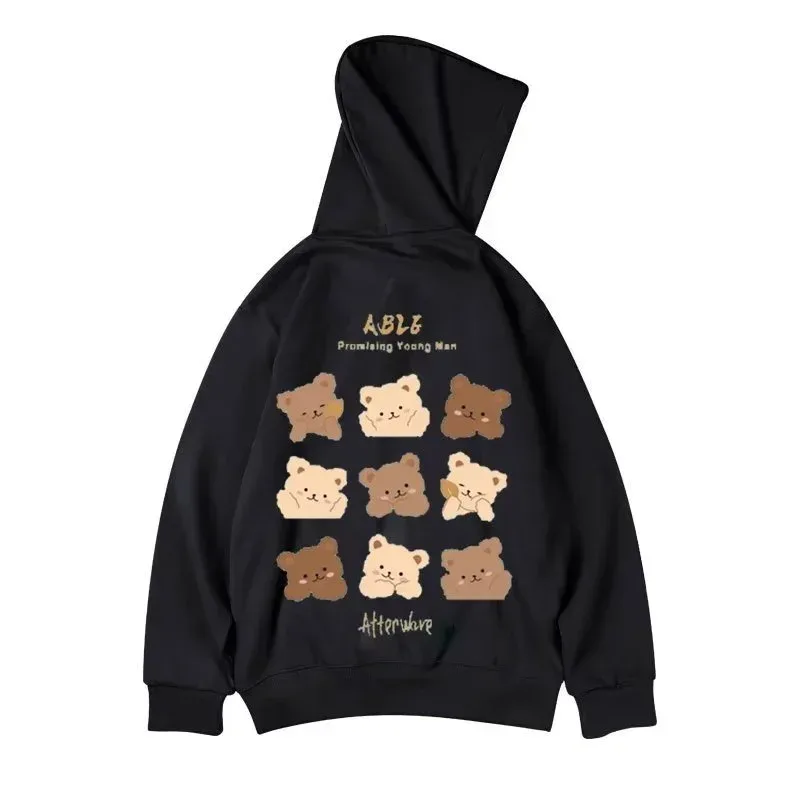 M-8XL Style américain rue marron mignon ours imprimé sweat à capuche Couple sweat à capuche étudiant grand doux velours à capuche pull — image 7