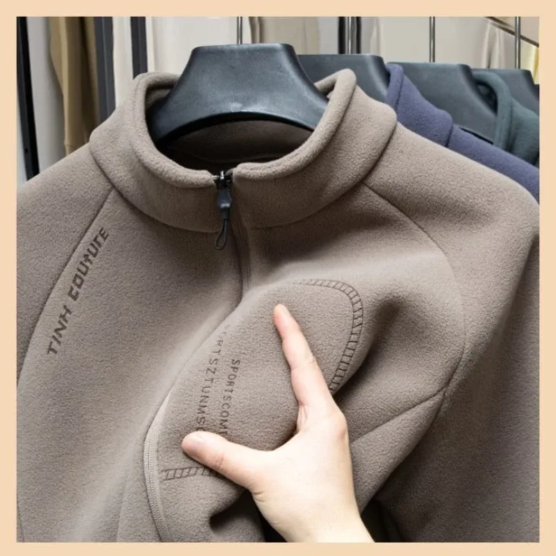 Men Double-sided Polar Fleece Hoodie Cardigan Solid Full Zip Warm Letter Print Casual Coats Thicken Sport Classic Sweatshirts — image 21