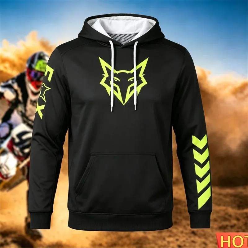 Outono/inverno moletom de corrida masculino ao ar livre ciclismo com capuz pulôver padrão de raposa bolso moletom esportivo motocicleta moletom com capuz