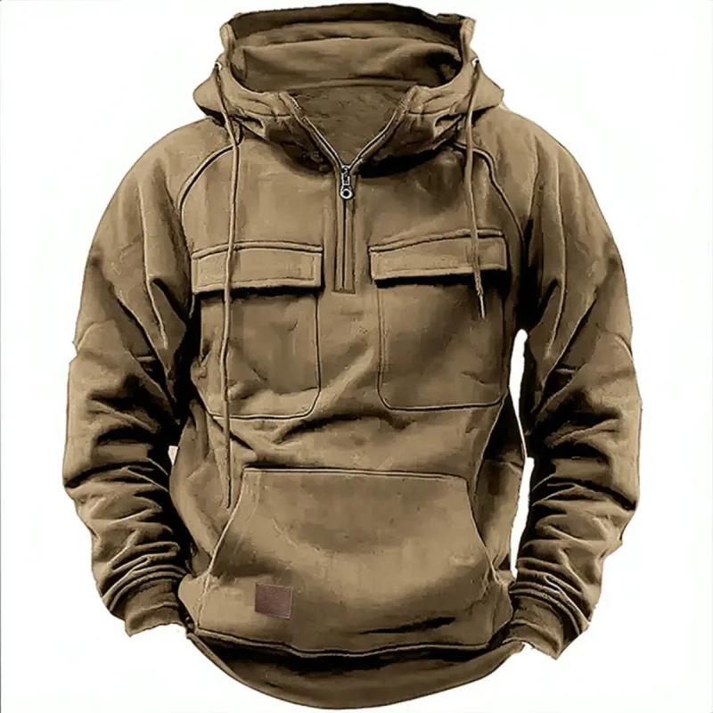 Novo outono-inverno masculino com capuz de cor sólida casual hoodie-moda jovem multi-bolso remendo moletom com capuz pulôver camisa