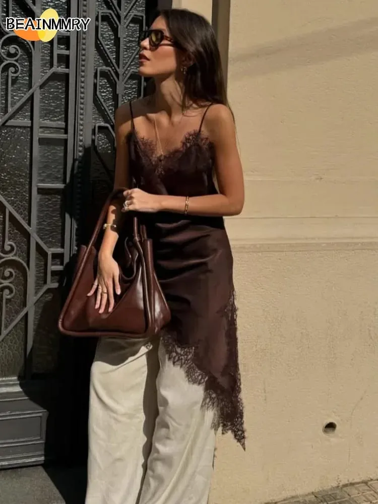 Barna szatén csipke összefűző sling ruha női elegáns, szabálytalan szegélyű V nyakú, hát nélküli ujjatlan ruha elegáns női party Club Vestidos — image 2