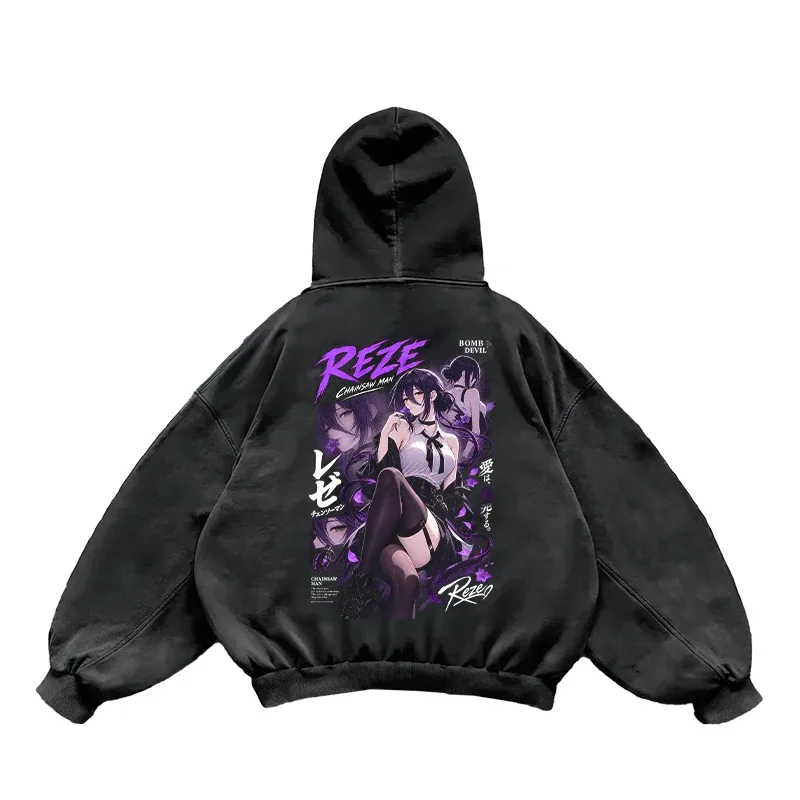 Reze Chainsaw Man Anime Retro Hoodies Harajuku Vintage Washed Streetwear Men Women Clothing Long Sleeves 100% Cotton Hooded Tops — image 3