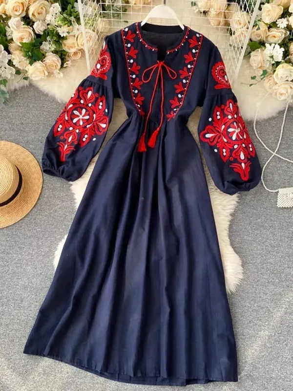 Női őszi ruhák Bohém hímzett virágos O-nyakú lámpás ujjú, magas derékú, redőzött ruha, Női Vestidos PL393 — image 9