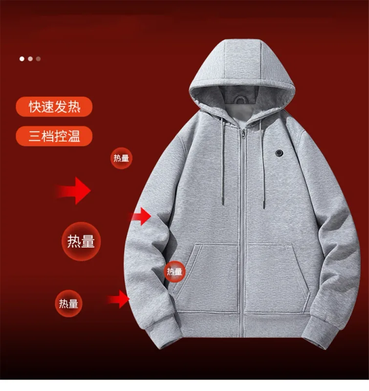 Hoodies de aquecimento usb masculino inverno elétrico aquecido hoodies jaquetas com zíper aquecido com capuz infravermelho 5 áreas de aquecimento jaqueta preto cinza — image 3