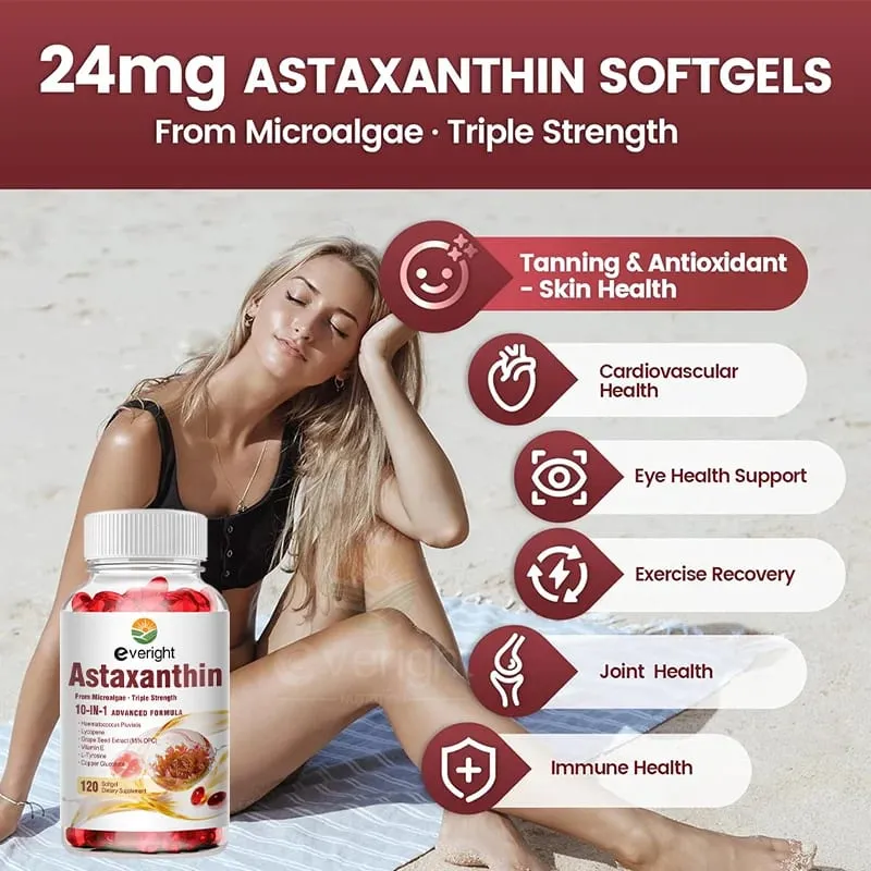Astaxanthin 24mg - נוגד חמצון רב עוצמה לעור עיניים מערכת החיסון - 10 ב-1 פורמולה ליקופן זרעי ענבים ויטמין E ואבץ