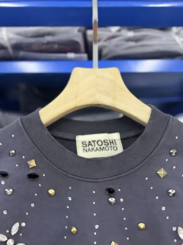 Letters Logo Rhinestone Rivet Satoshi Nakamoto Sweatshirts Men Women Streetwear Vintage Washed Charcoal Gray Green Pullovers Tag