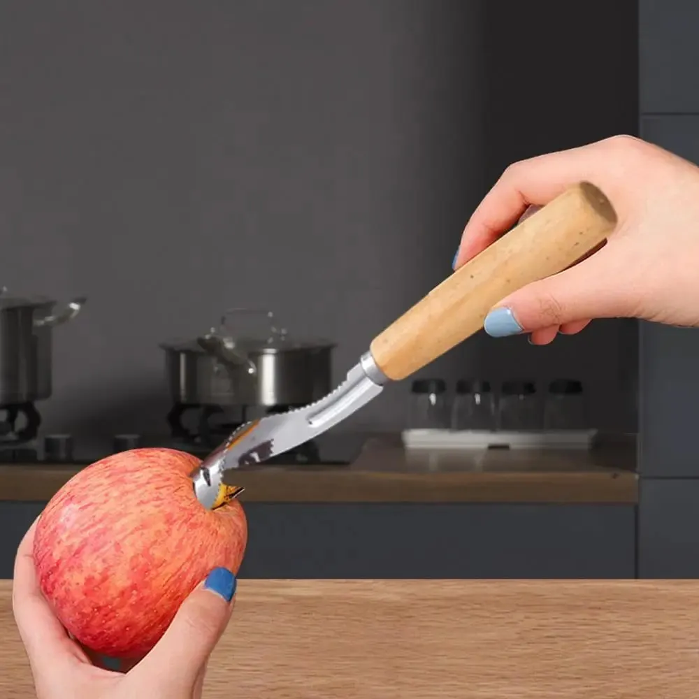 Corer כלי מטבח נירוסטה אגס פיטר נגד החלקה ידני מטבח מחליק עם ידית עץ לחיתוך פירות בישול סלט