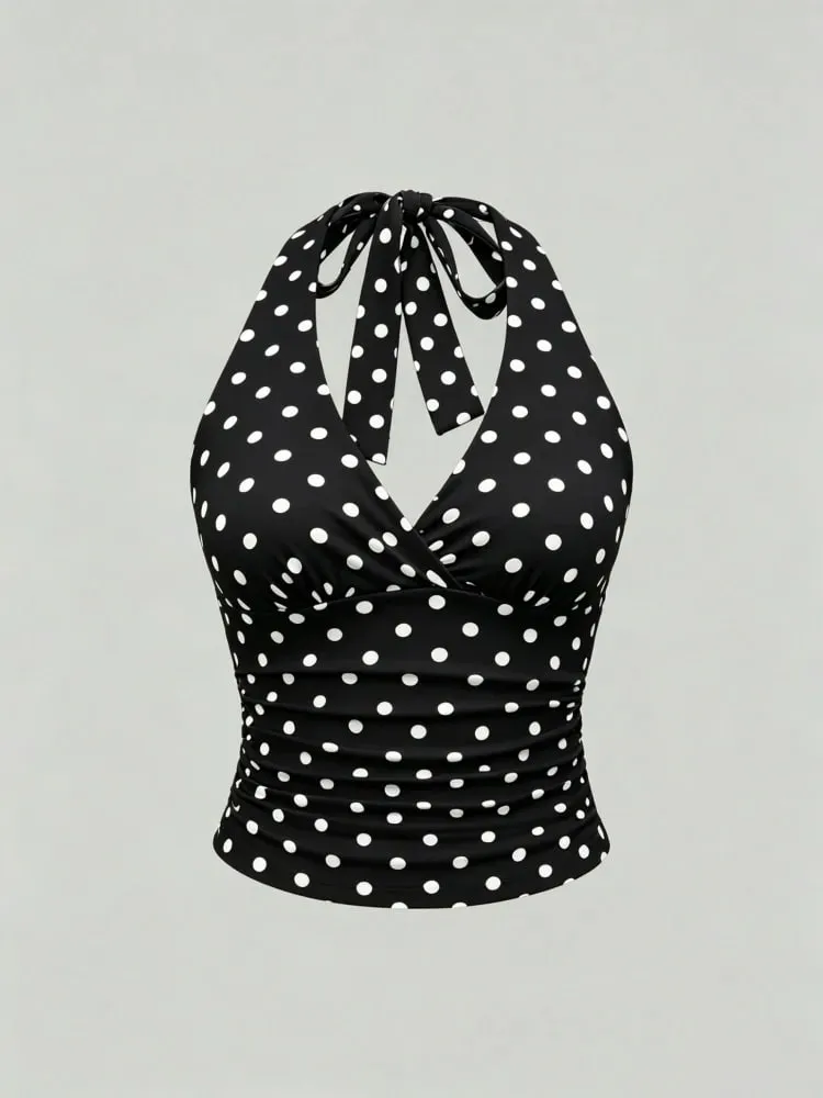 Solid V-neck Backless Halter Crop Top for Women Summer Sexy Y2K Sleeveless Ruched Top Streetwear