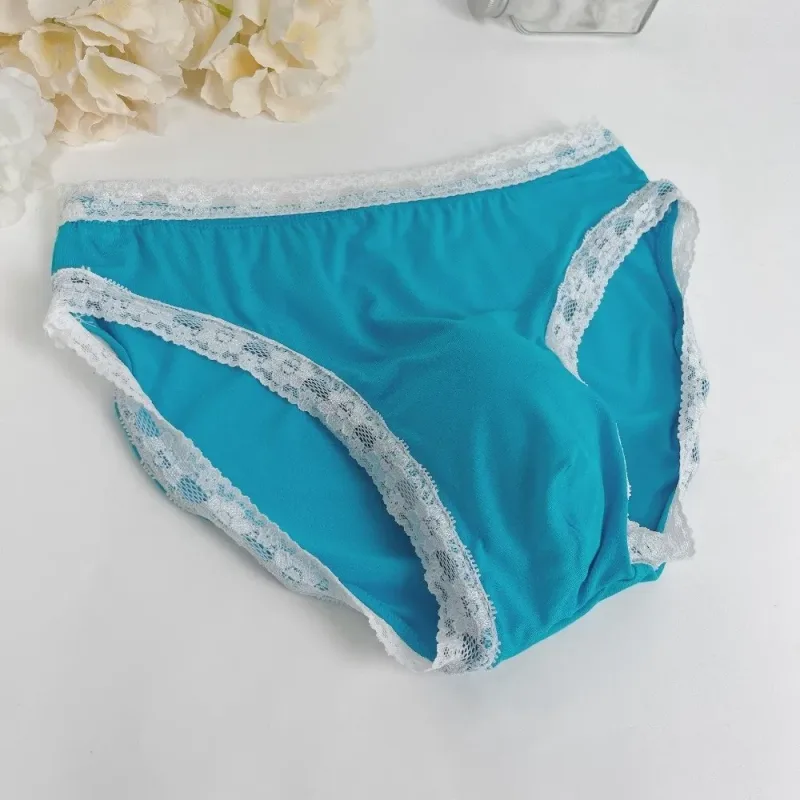 Breathable Ice Silk Men's Underwear Lingerie Low Waist Men's Lace Trim Briefs Panties U-Convex Pouch Brief Youth — image 15