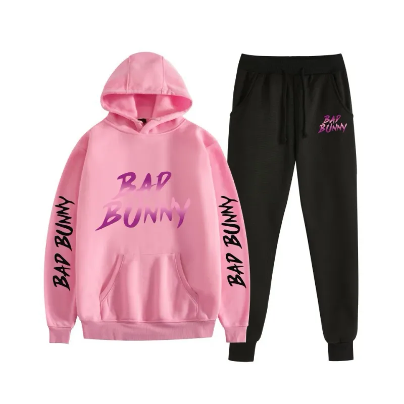 Harajuku confortável bad bunny impressão moletom moletom terno feminino hoodies + calças terno meninos/meninas 2 peça conjunto roupas — image 36