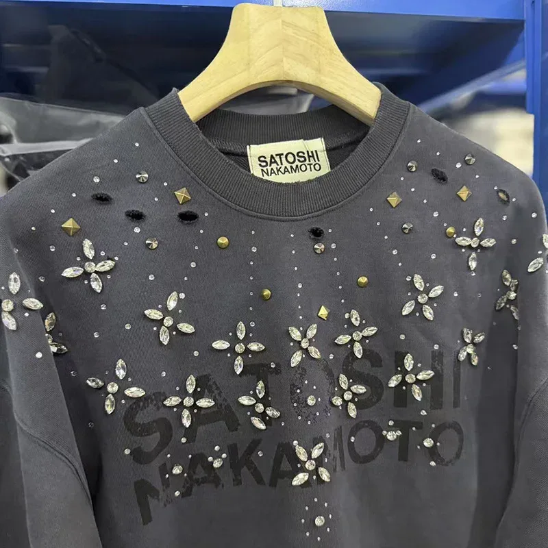 Letters Logo Rhinestone Rivet Satoshi Nakamoto Sweatshirts Men Women Streetwear Vintage Washed Charcoal Gray Green Pullovers Tag