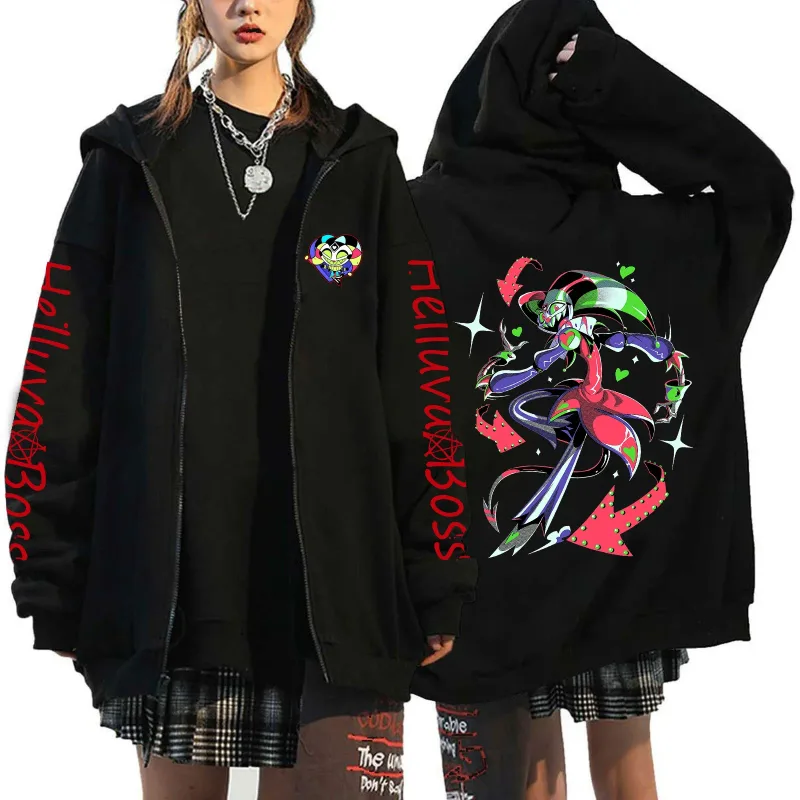 Helluva Boss Print Huvdragkedja Män Kvinnor Fritidsmode Höst Vinter Varm vintage långärmade toppar Fleece sweatshirts med dragkedja — image 9
