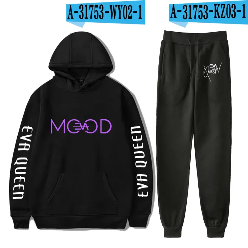 Hip hop confortável eva rainha impressão moletom moletom terno hoodies + calças terno meninos/meninas 2 peça conjunto roupas — image 1