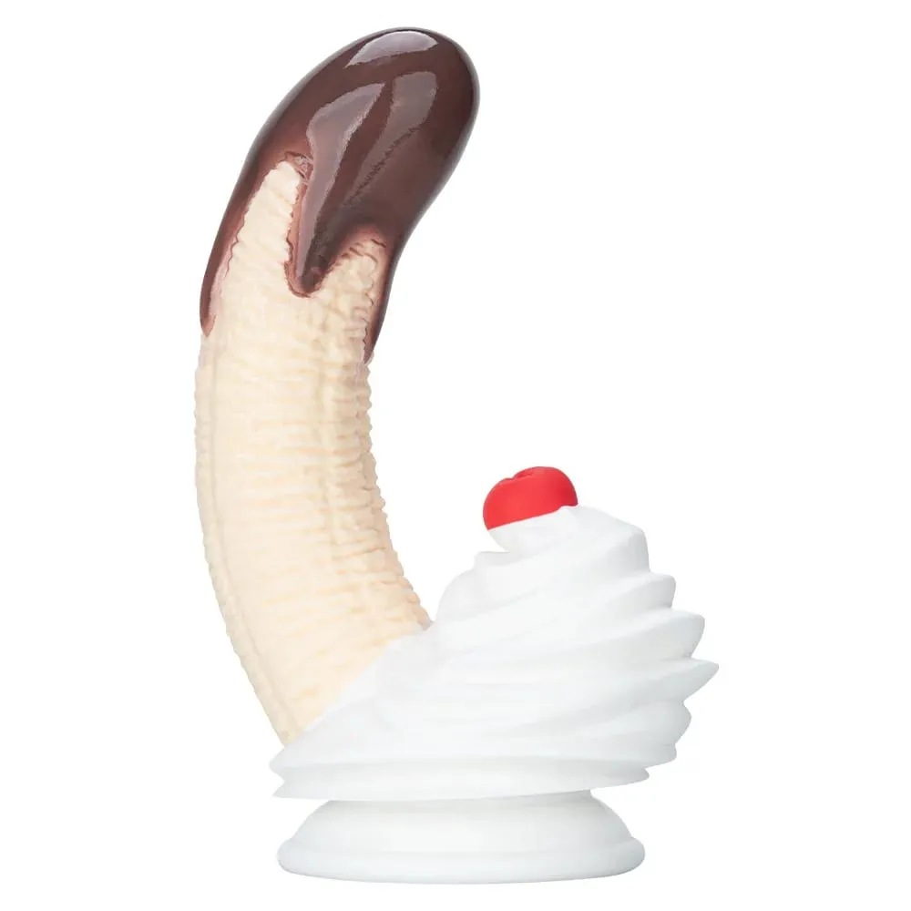 Banán Sundae szilikon vibrátor erős tapadókorongos krémmel és cseresznye dizájnnal, három méretű élelmiszer minőségű szilikon szexjáték unisex számára