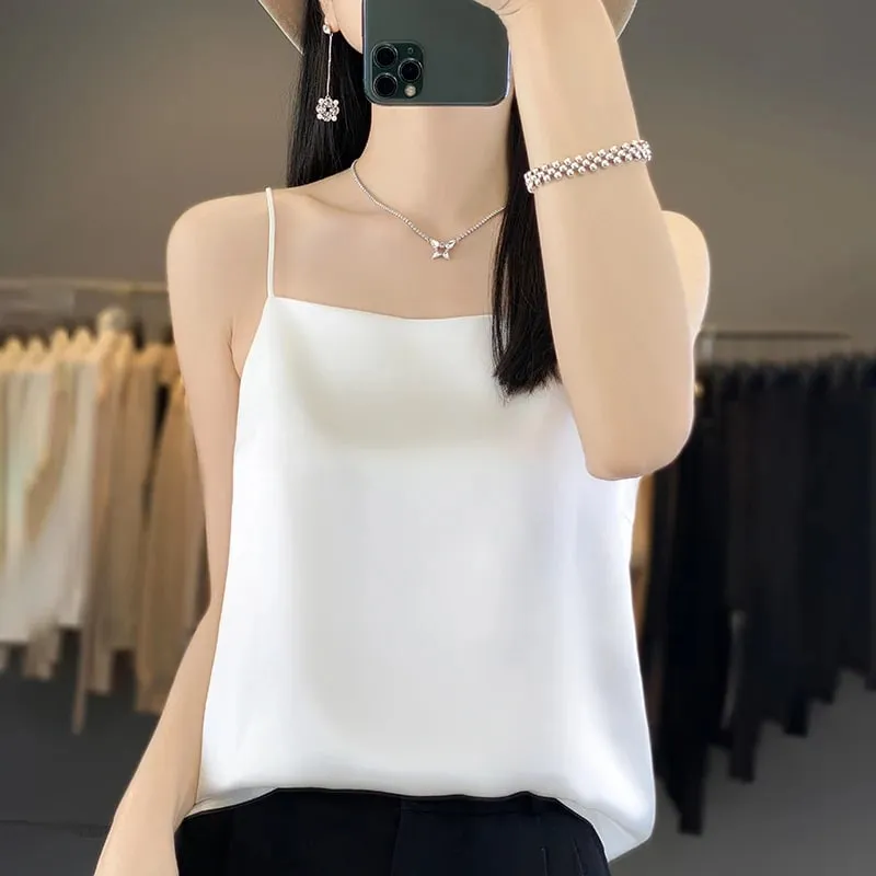 New Ice Silk Sexy Satin Strap Women's Spring/Summer Vest Solid Color Sleeveless Sexy Comfortable Silk Underwear Vest RW-D19 — image 2